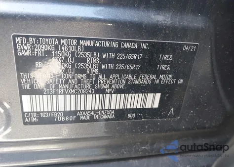 2021 Toyota Rav4 Le из США, поврежденный, VIN 2T3F1RFVXMC208243